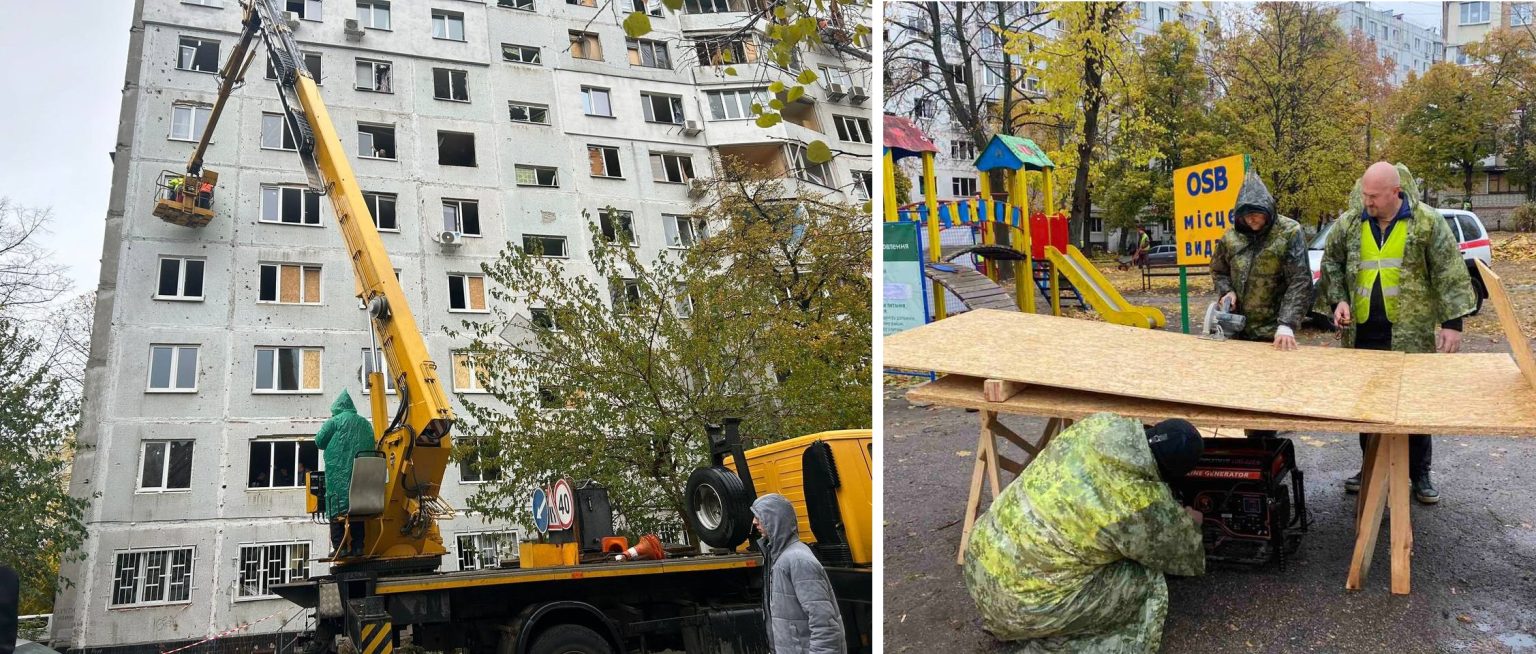 Коммунальщики уже забивают окна на месте прилета в Харькове (обновлено, фото)