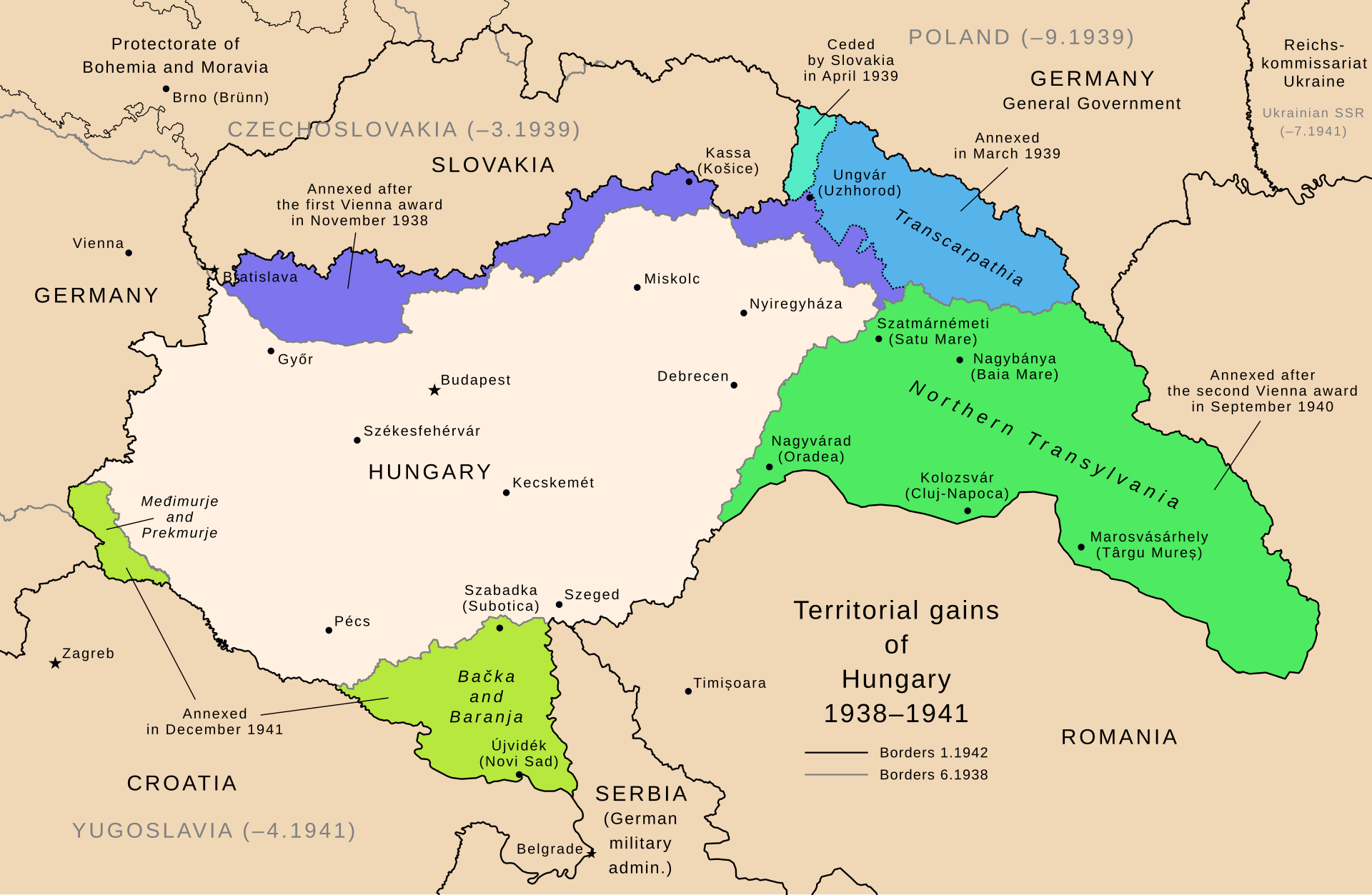 Венгрия расширяет границы в 1938 - 1941 годах - карта